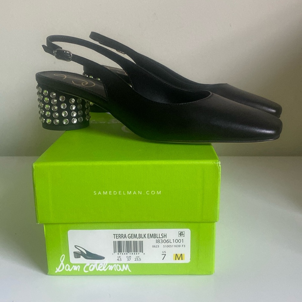 Sam Edelman Terra Gem Blk Leather Slingback Size 7 NWT Round Heel w/ Rhinestones - Picture 11 of 14